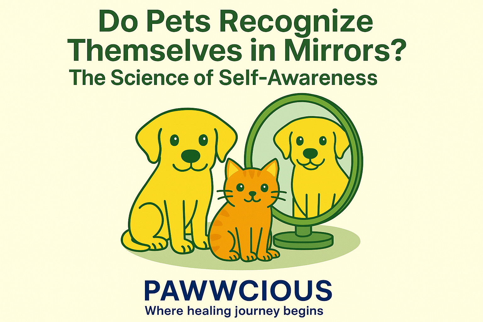 Promotional blog image showing a dog and cat with a mirror, exploring pet self-awareness.