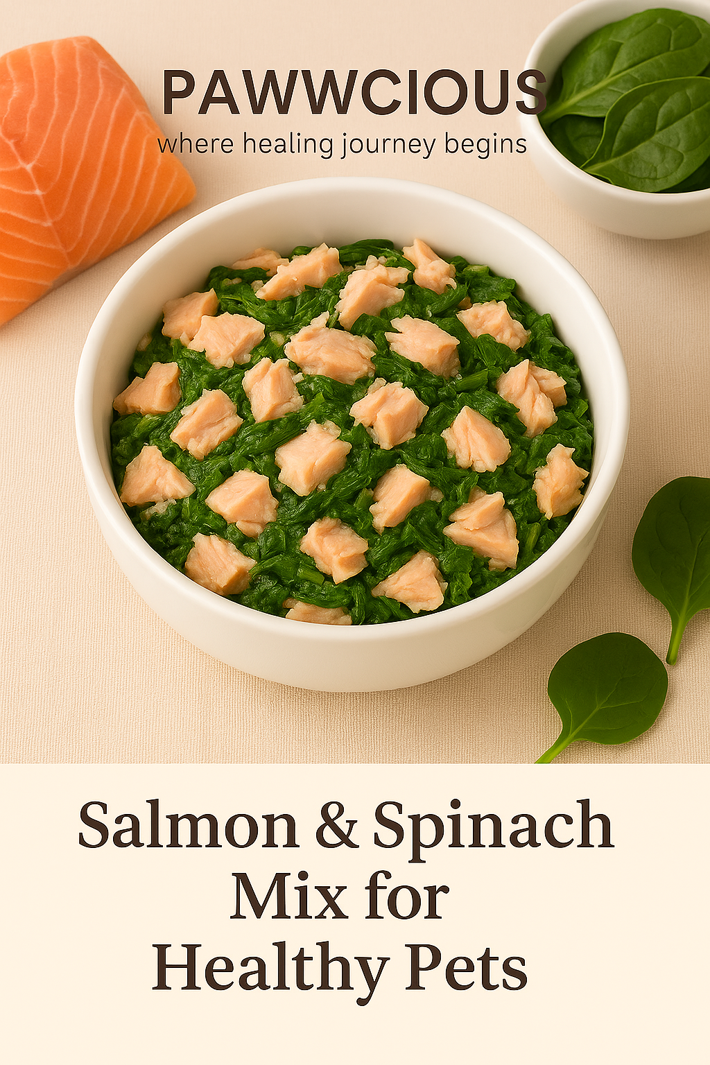 Pawwcious Salmon & Spinach Mix – omega-rich homemade recipe for dogs and cats.