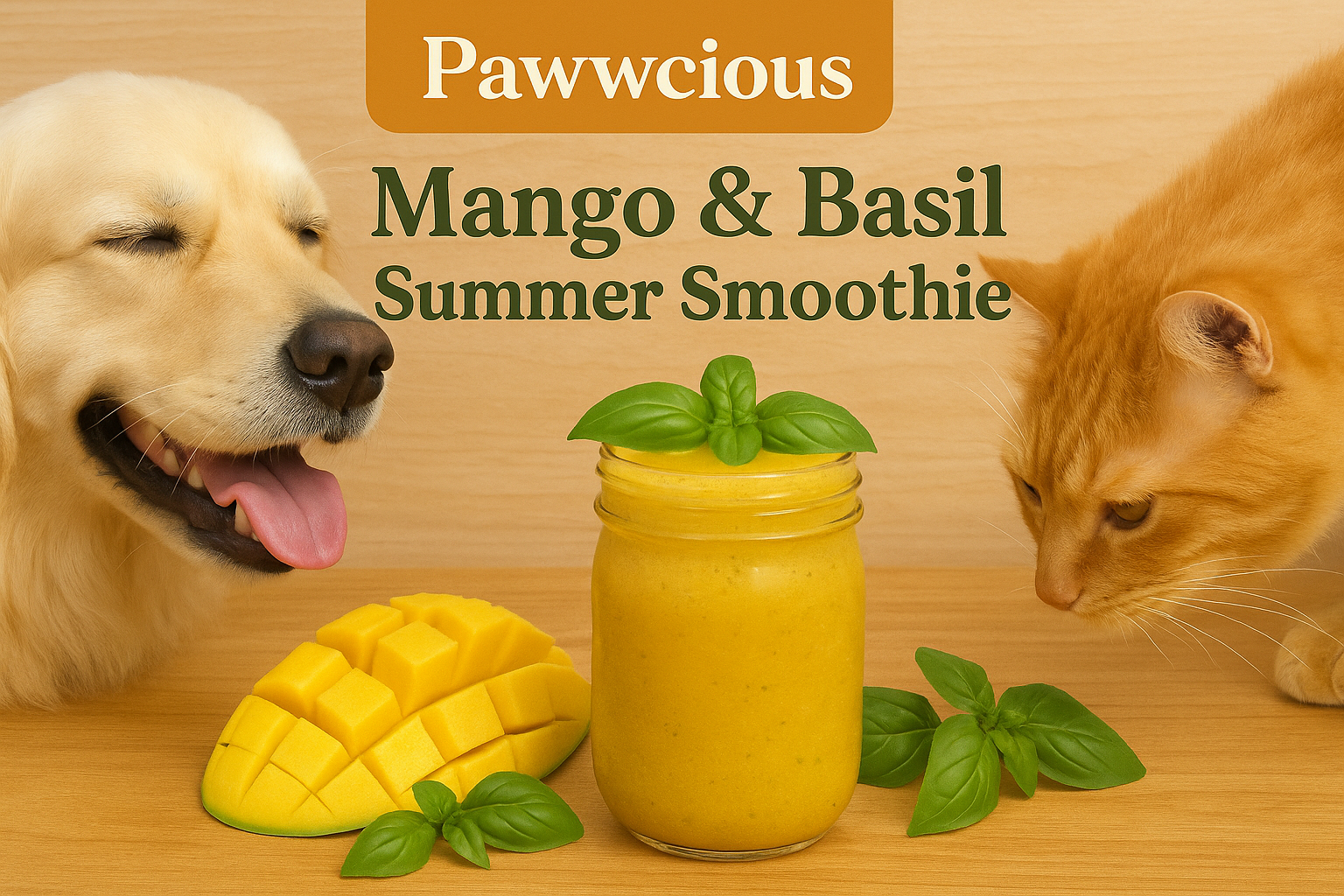 Dog and cat enjoying Mango & Basil Summer Smoothie | Pawwcious® homemade pet recipe
