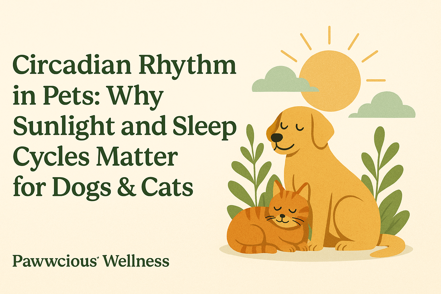 Circadian Rhythm in Pets – Pawwcious® Wellness blog image showing a happy dog and cat under the sun with greenery
