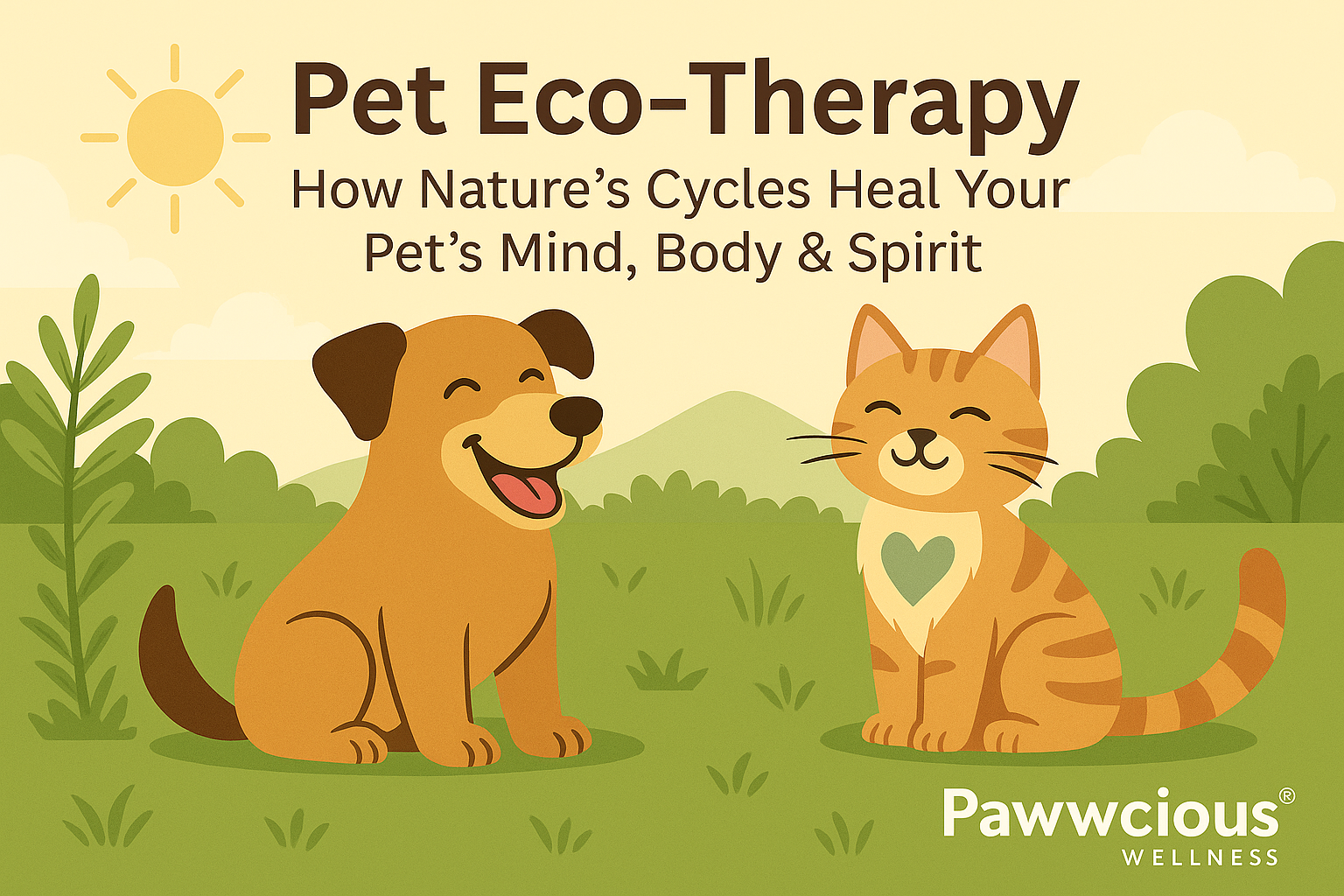 Pet Eco-Therapy – Pawwcious® Wellness blog image showing a dog and cat enjoying nature with sunlight, plants, and fresh air