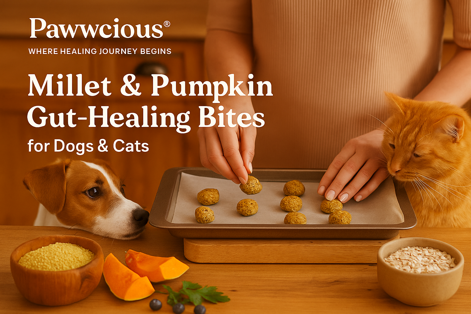 Dog and cat waiting while human shapes Millet & Pumpkin Gut-Healing Bites | Pawwcious® recipe