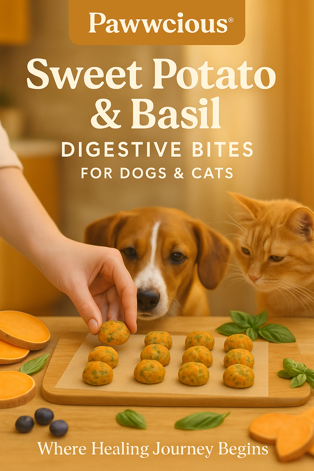 Dog and cat near a tray of Sweet Potato & Basil Digestive Bites | Pawwcious® recipe