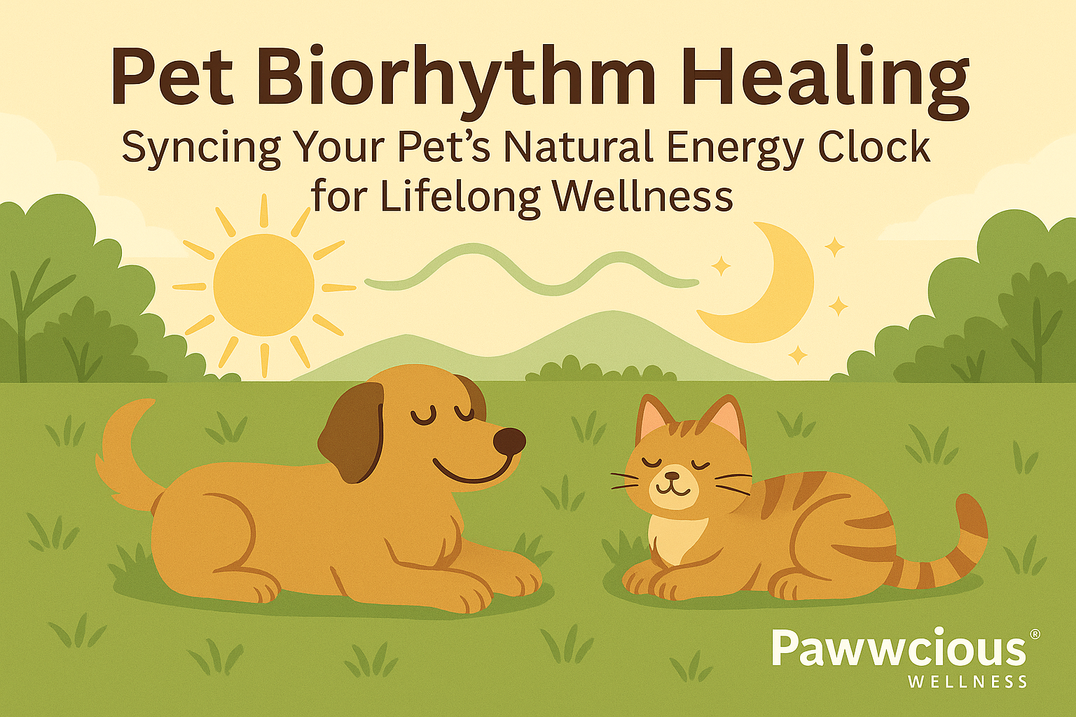 Pet Biorhythm Healing – Pawwcious® Wellness blog image showing a dog and cat resting peacefully under sunlight and moonlight, symbolizing energy cycles