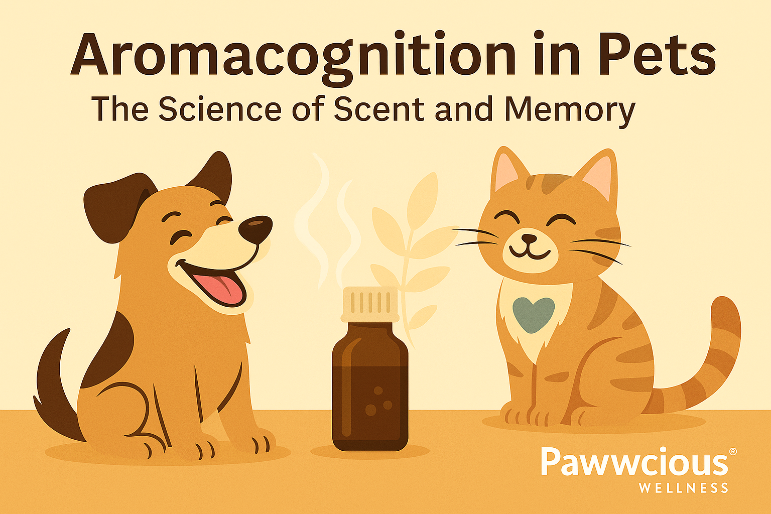 Pet Aromacognition – Pawwcious® Wellness blog image showing a dog and cat surrounded by gentle herbal aromas like lavender, chamomile, and cedarwood, representing scent and emotion