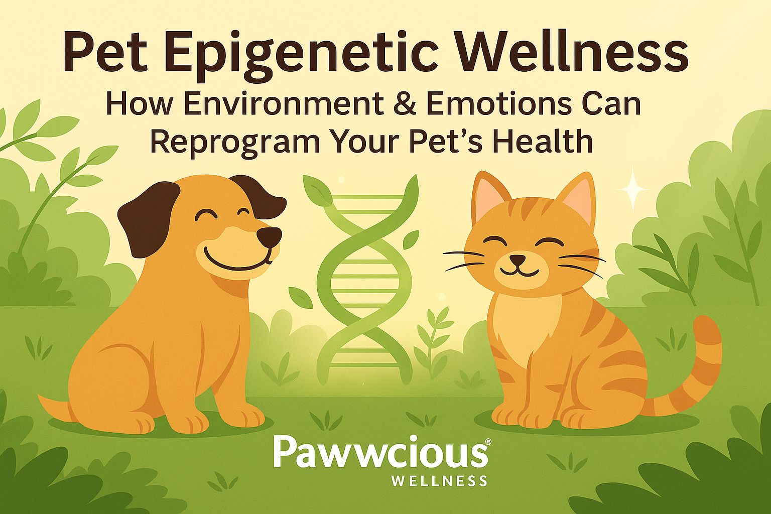 Pet Epigenetic Wellness – Pawwcious® Wellness blog image showing a dog and cat surrounded by glowing DNA strands, leaves, and sunlight symbolizing healing through love and nature