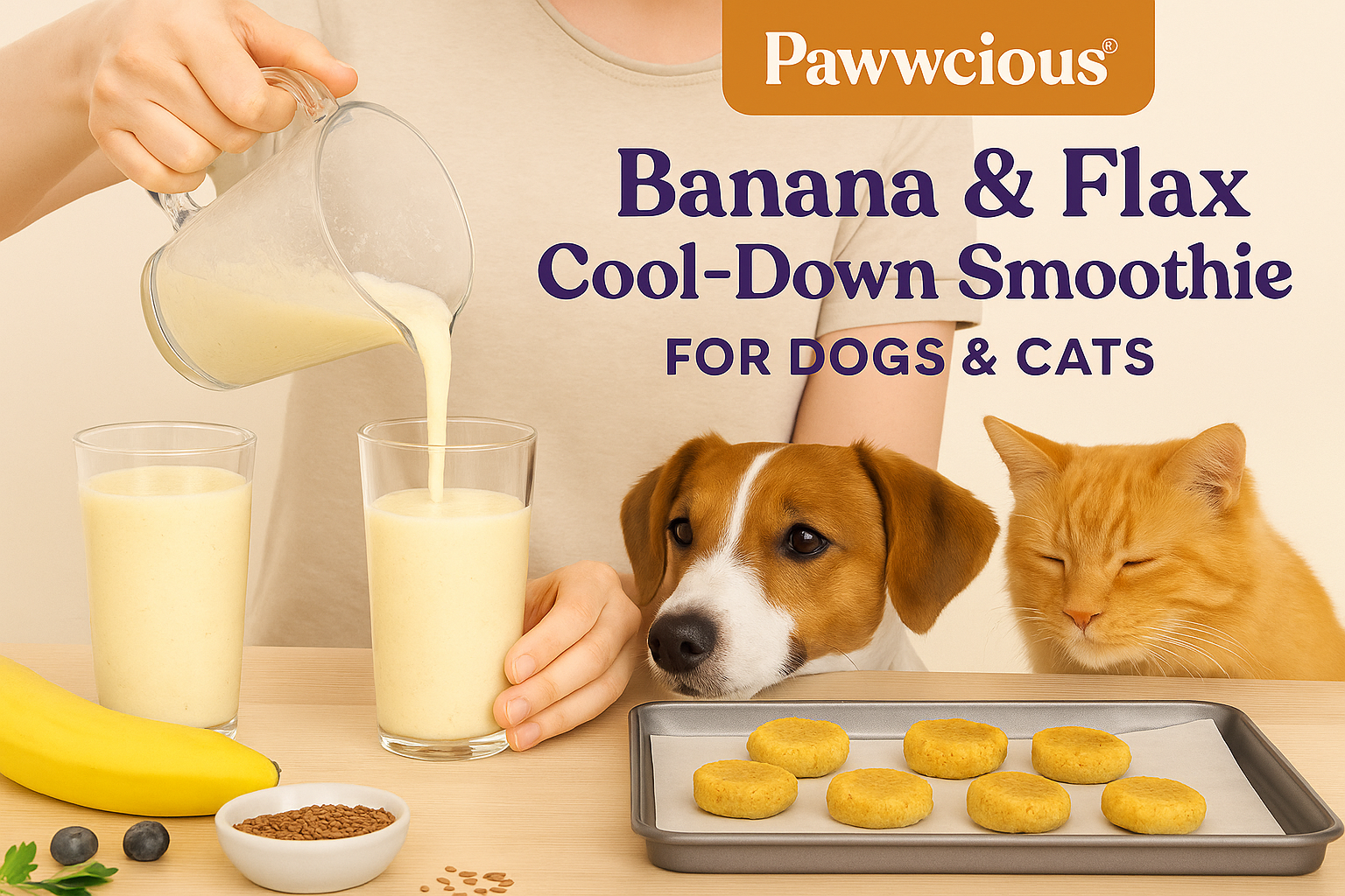 Creamy, cooling smoothie made with banana, flaxseed, and coconut water — the perfect summer sip for pets.