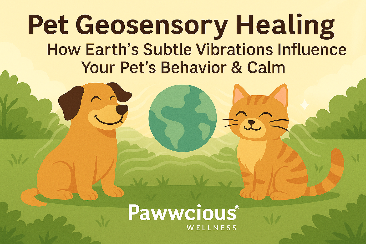 Pet Geosensory Healing – Pawwcious® Wellness blog image showing a dog and cat resting on grass surrounded by soft glowing energy waves from the Earth symbolizing calm and connection