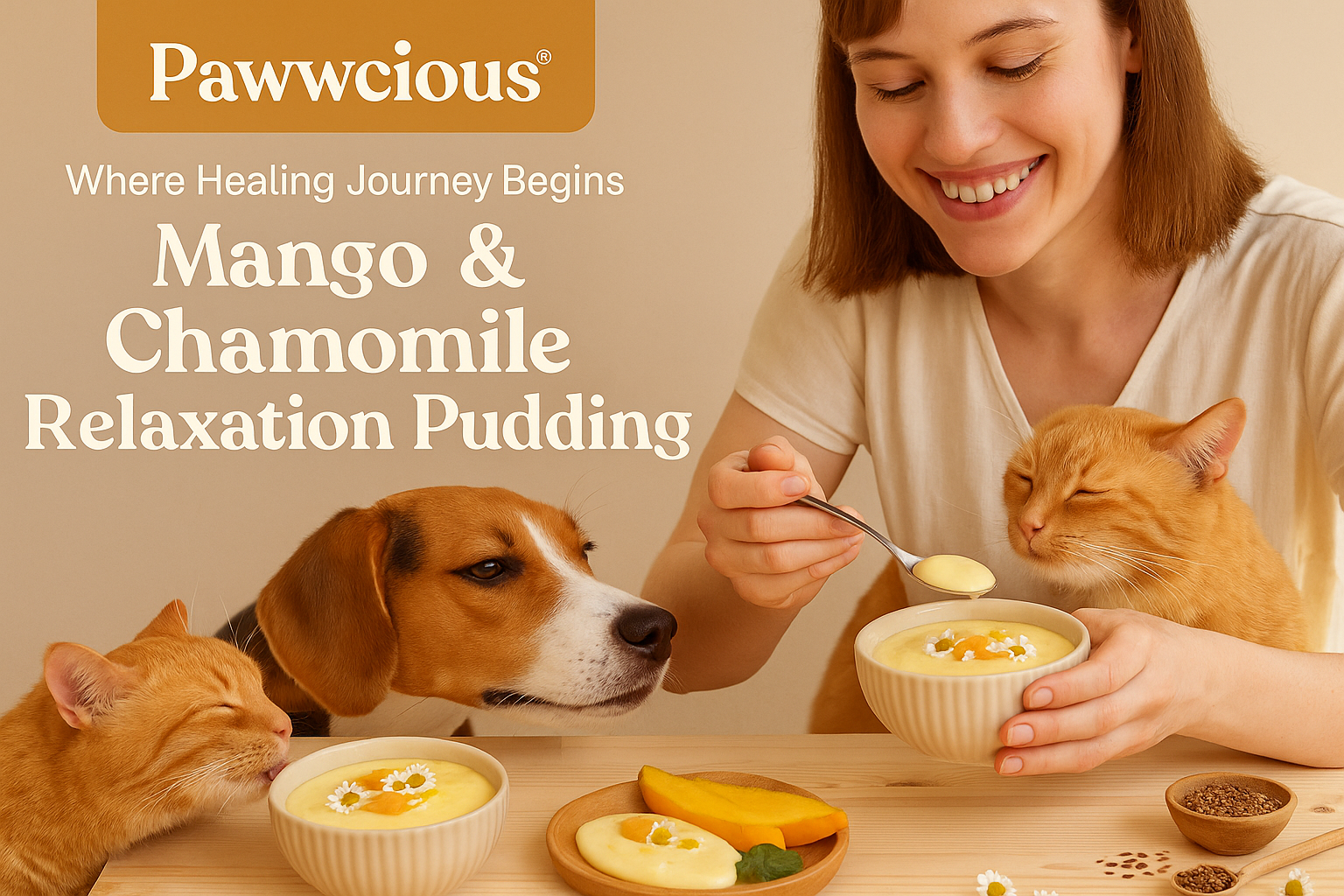 Human spooning Mango & Chamomile Relaxation Pudding while dog and cat watch calmly | Pawwcious® recipe