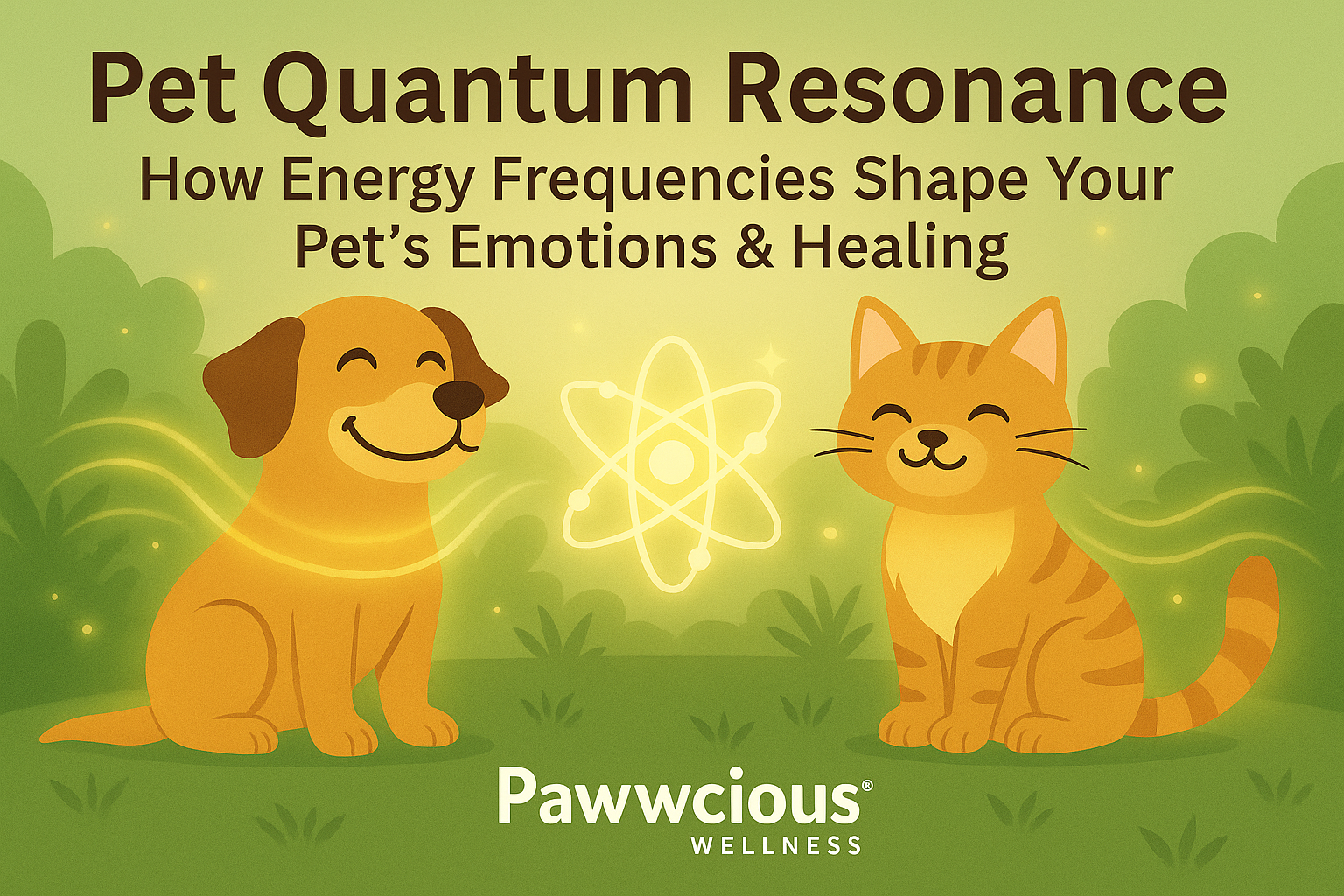 Pet Quantum Resonance – Pawwcious® Wellness blog image showing a glowing dog and cat surrounded by gentle energy waves and light atoms, symbolizing emotional and vibrational harmony.