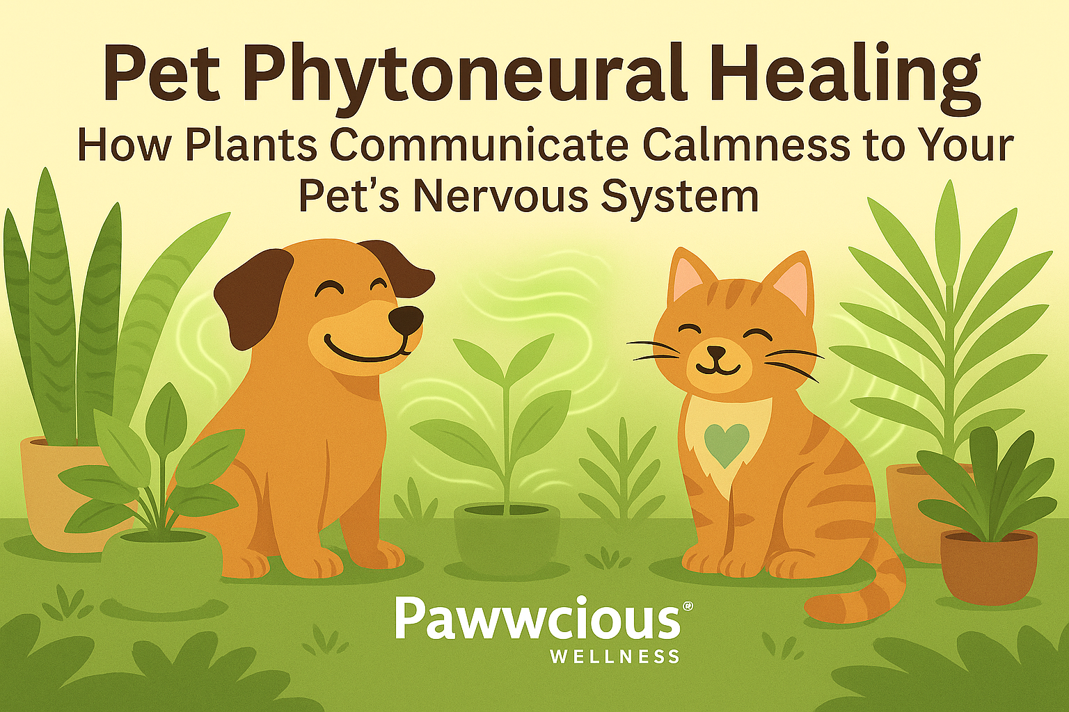 Pet Phytoneural Healing – Pawwcious® Wellness blog image showing a relaxed dog and cat surrounded by indoor plants radiating soft green energy waves symbolizing calm and connection.