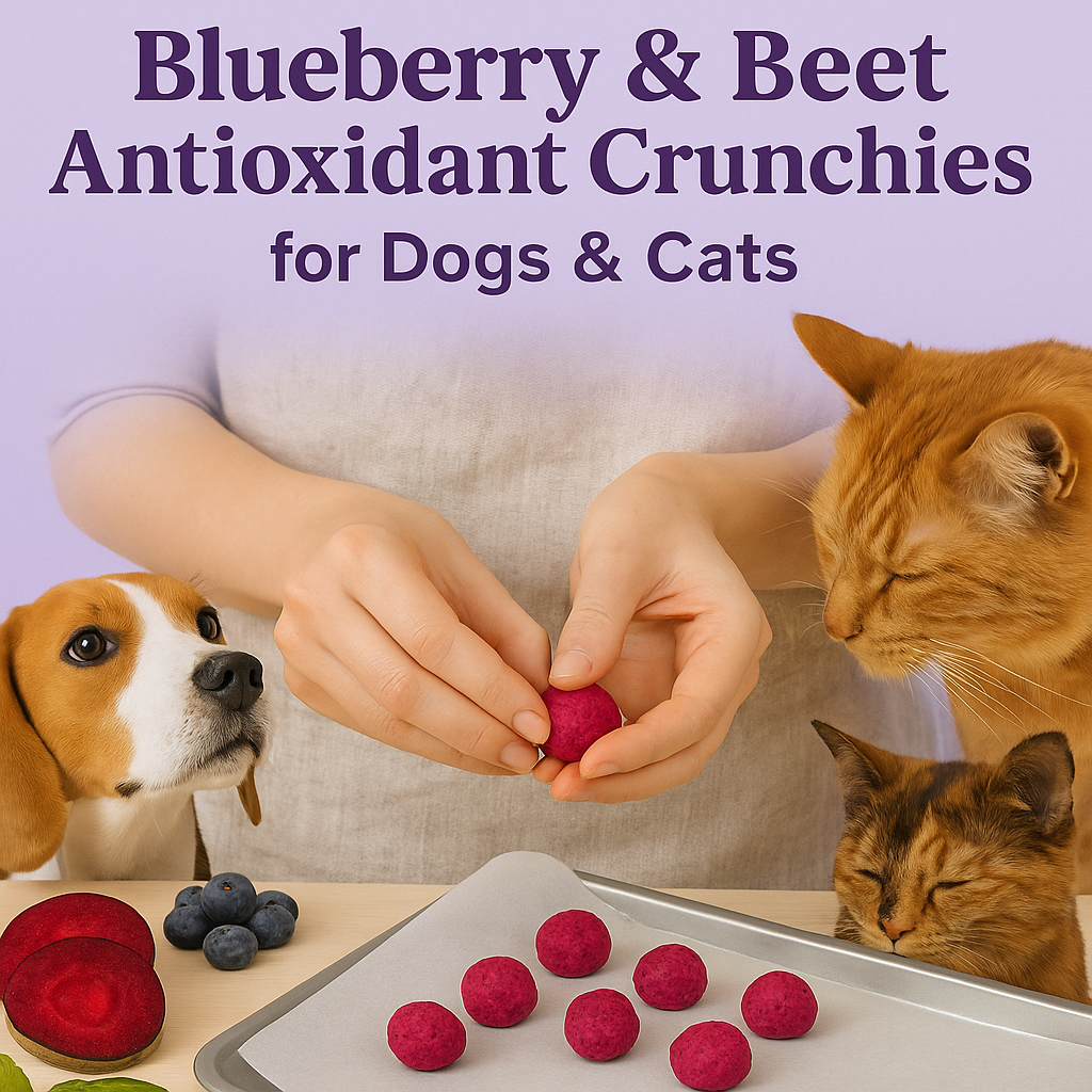 Dog and cat watching human prepare Blueberry & Beet Antioxidant Crunchies | Pawwcious® recipe
