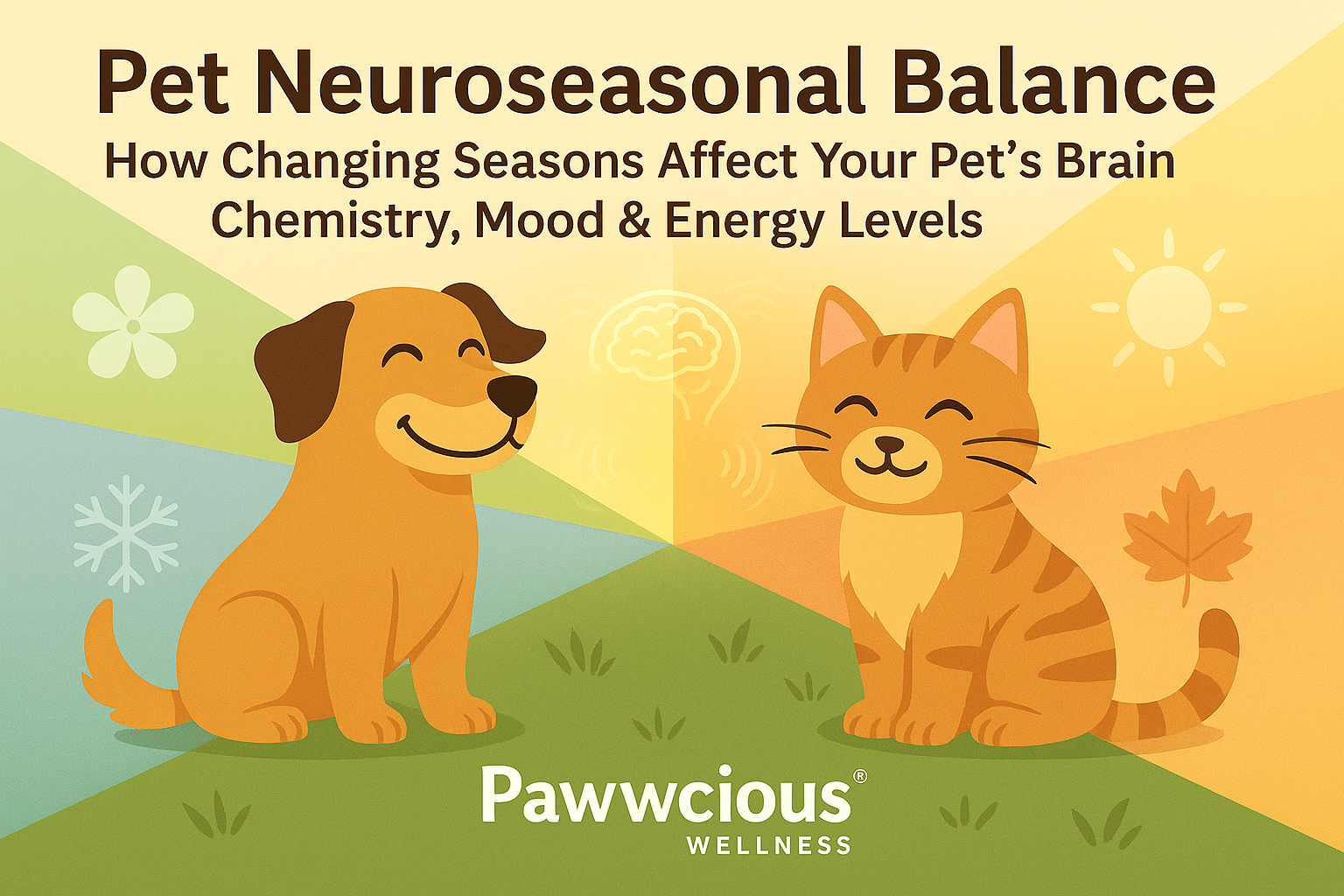 Pet Neuroseasonal Balance – Pawwcious® Wellness blog image showing a happy dog and cat surrounded by icons of four seasons — spring, summer, autumn, and winter — with glowing brainwave lines symbolizing emotional balance.