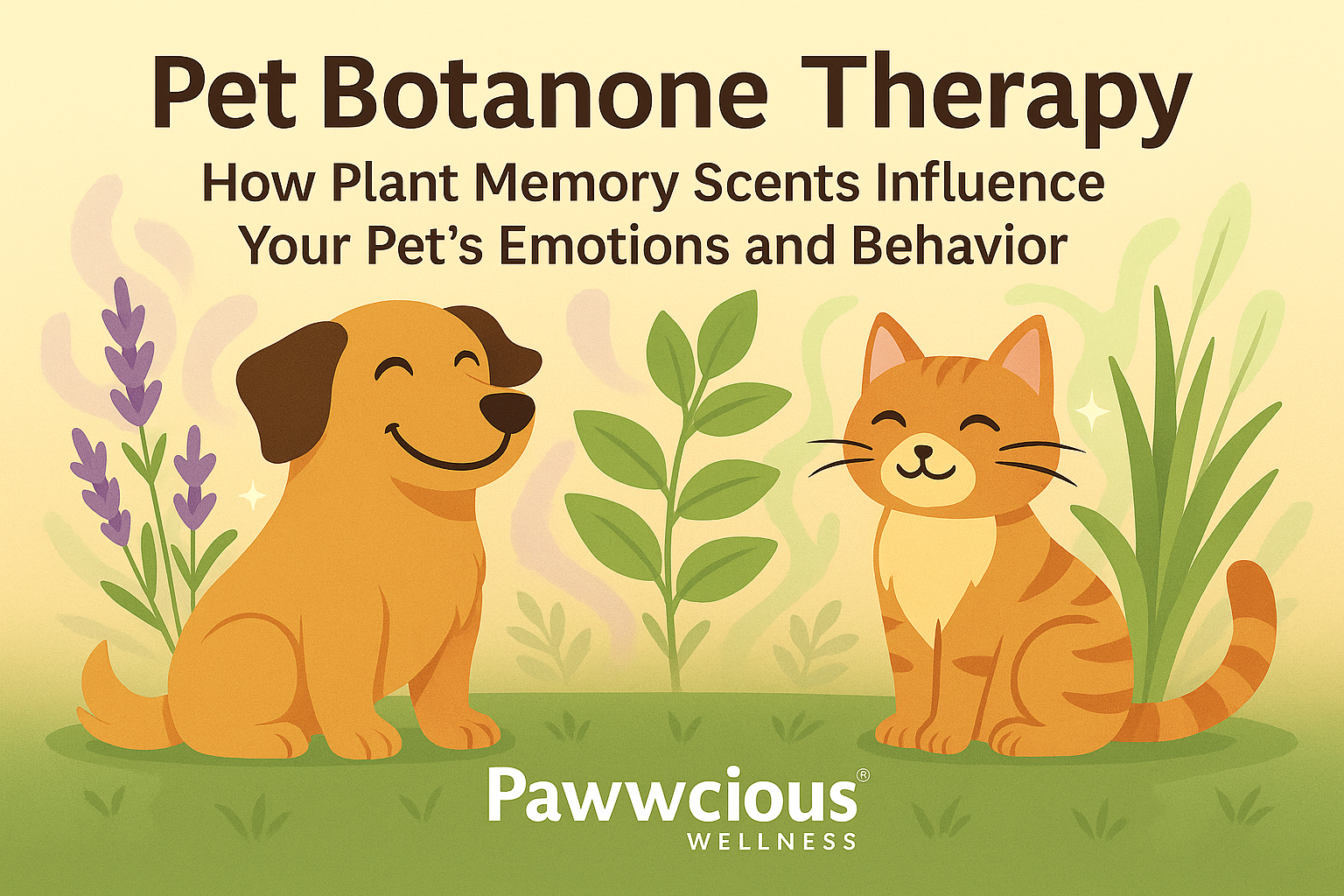Pet Botanone Therapy – Pawwcious® Wellness blog image showing a relaxed dog and cat surrounded by soft floral vapors of lavender, basil, and lemongrass, symbolizing scent-based calm memory.