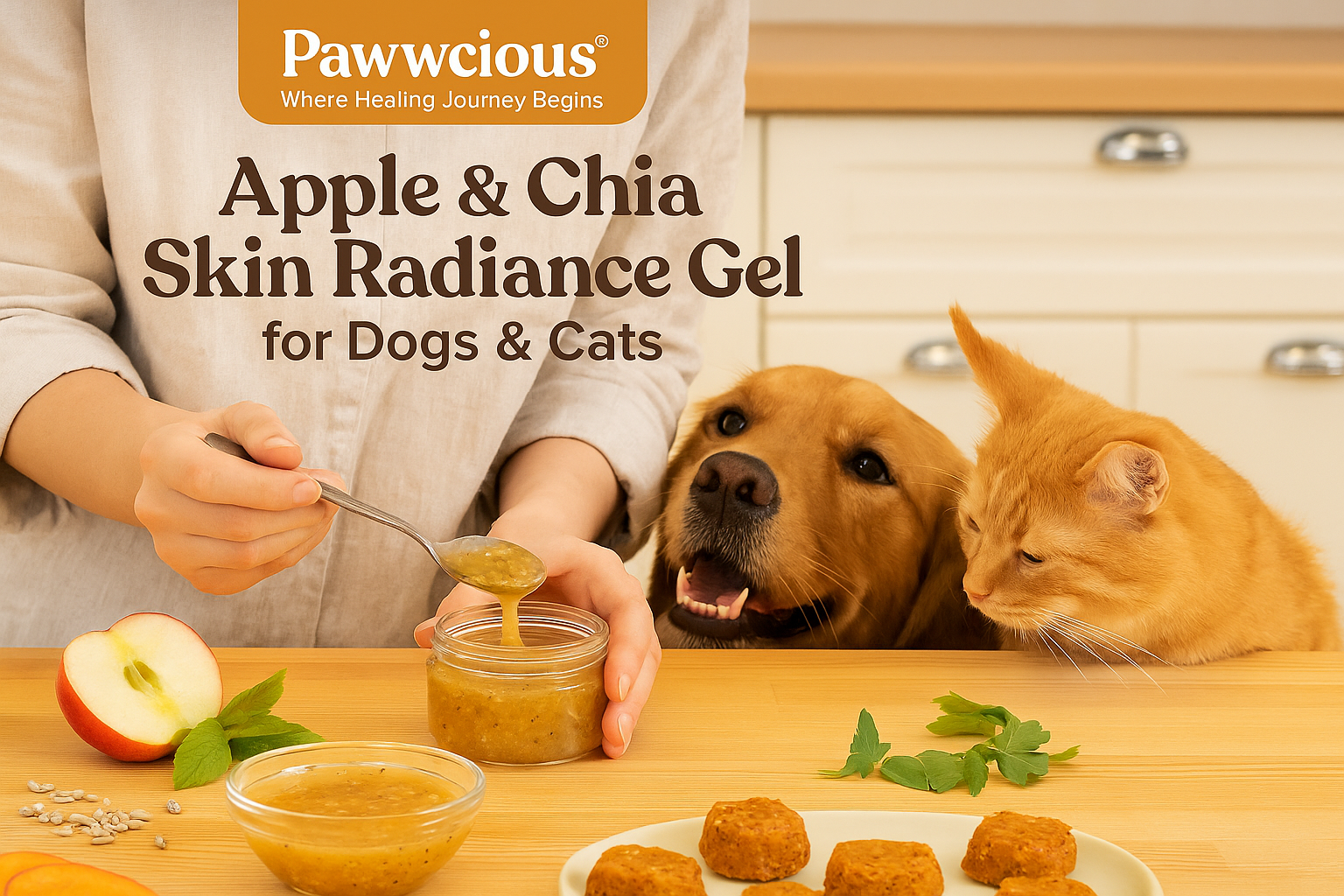 A glossy wellness gel made with apple, chia, and coconut oil — crafted for coat shine and skin hydration.