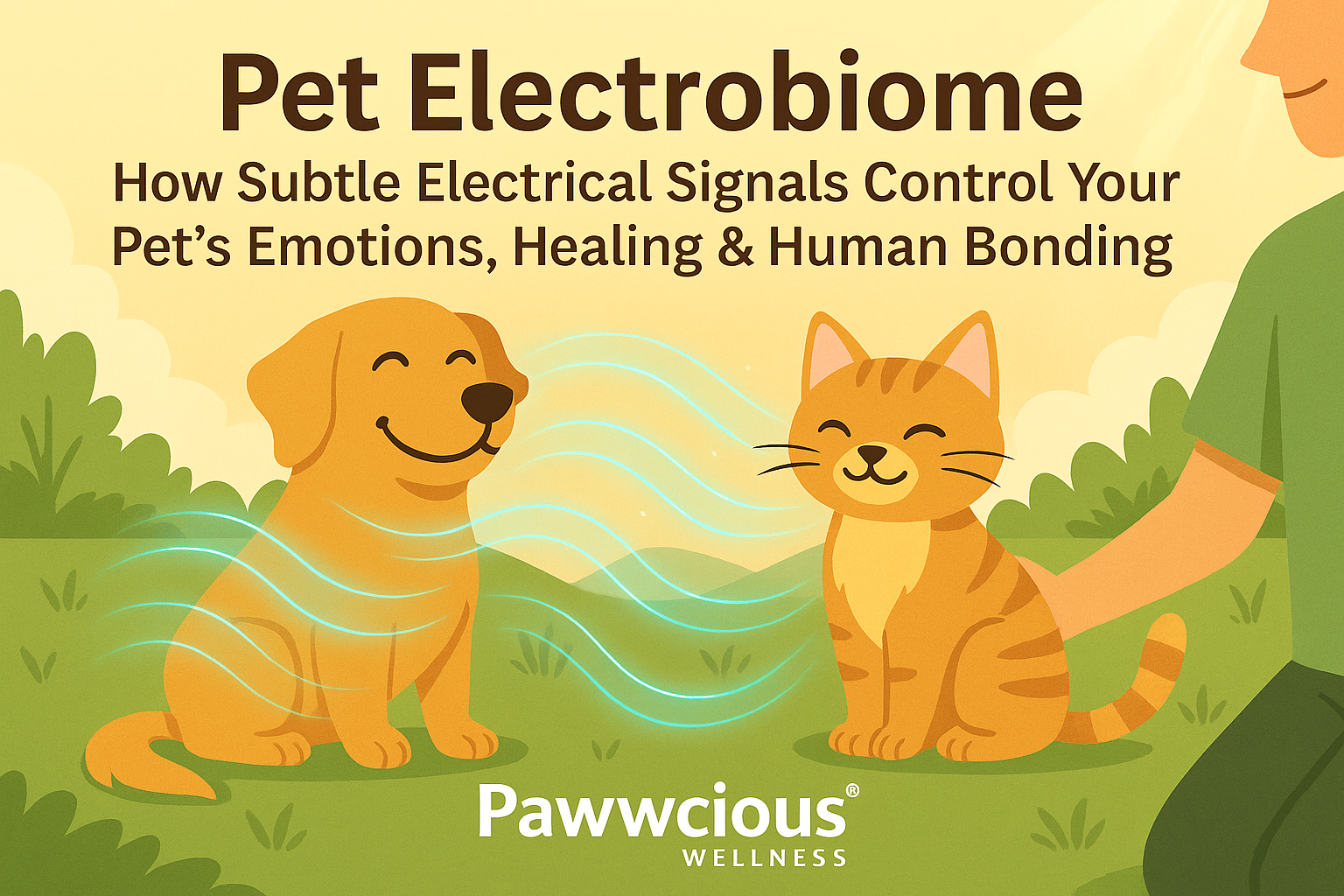 Pet Electrobiome – Pawwcious® Wellness blog image showing a glowing golden retriever and cat surrounded by gentle blue-green energy lines symbolizing electrical harmony and bonding with their human.