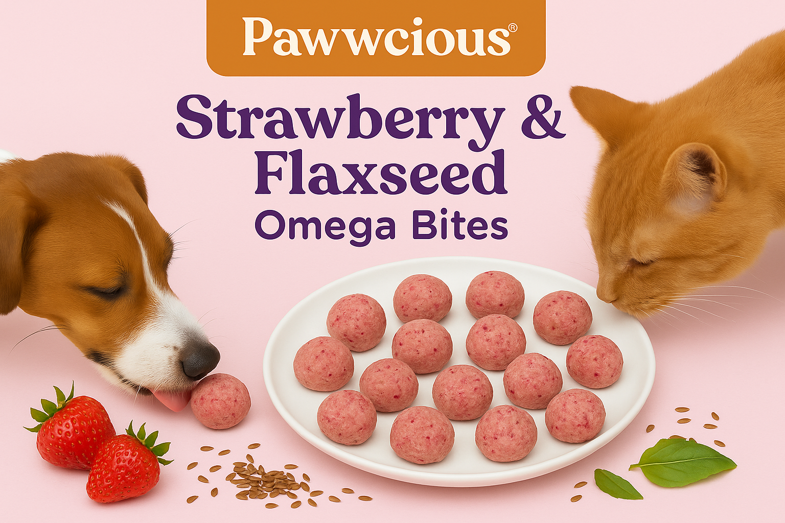Homemade fruity omega bites made with strawberries and flaxseeds — a nutritious snack for dogs and cats.