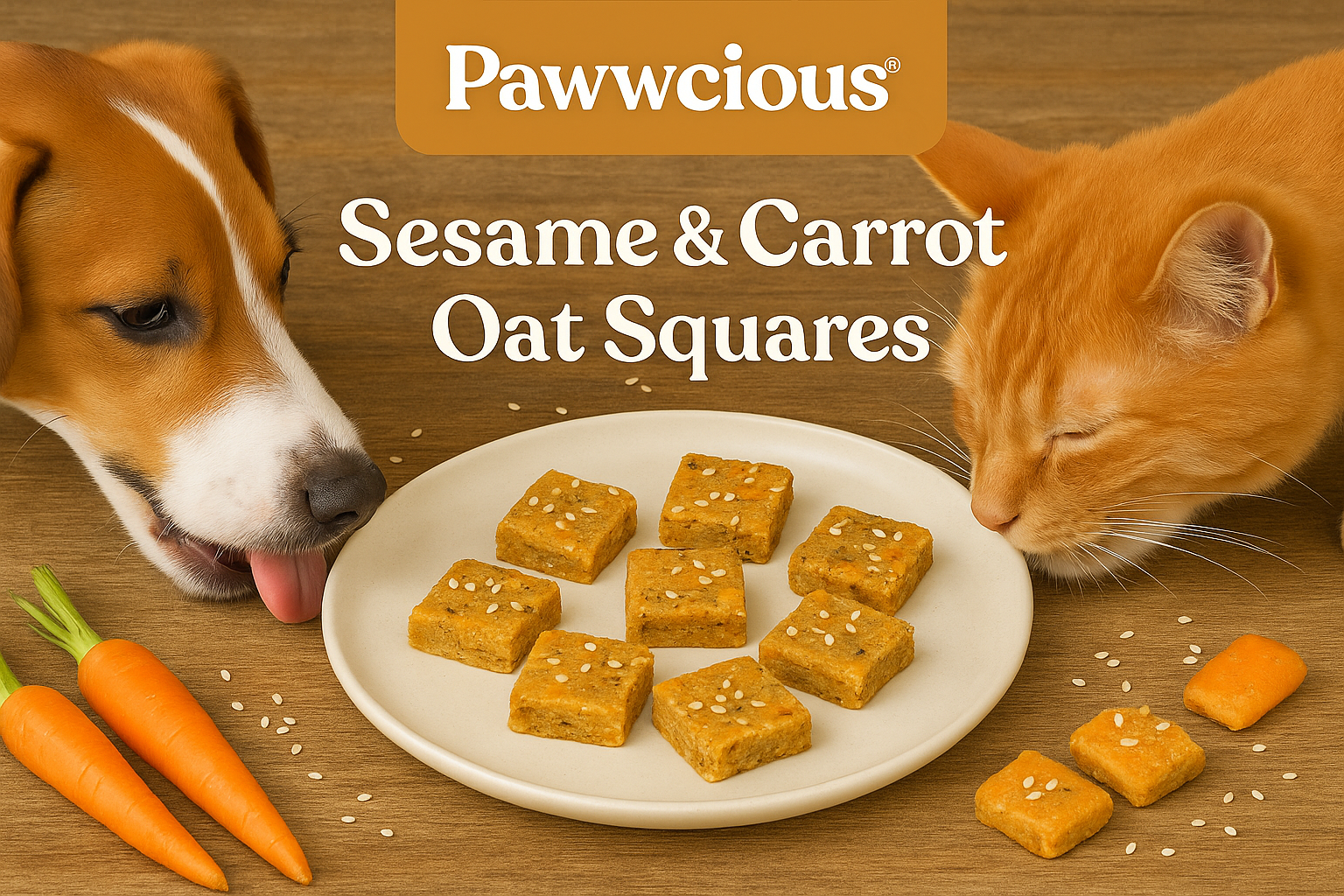 Crispy, homemade squares made with carrot, sesame, and oats — healthy, light, and vet-friendly treats for pets.
