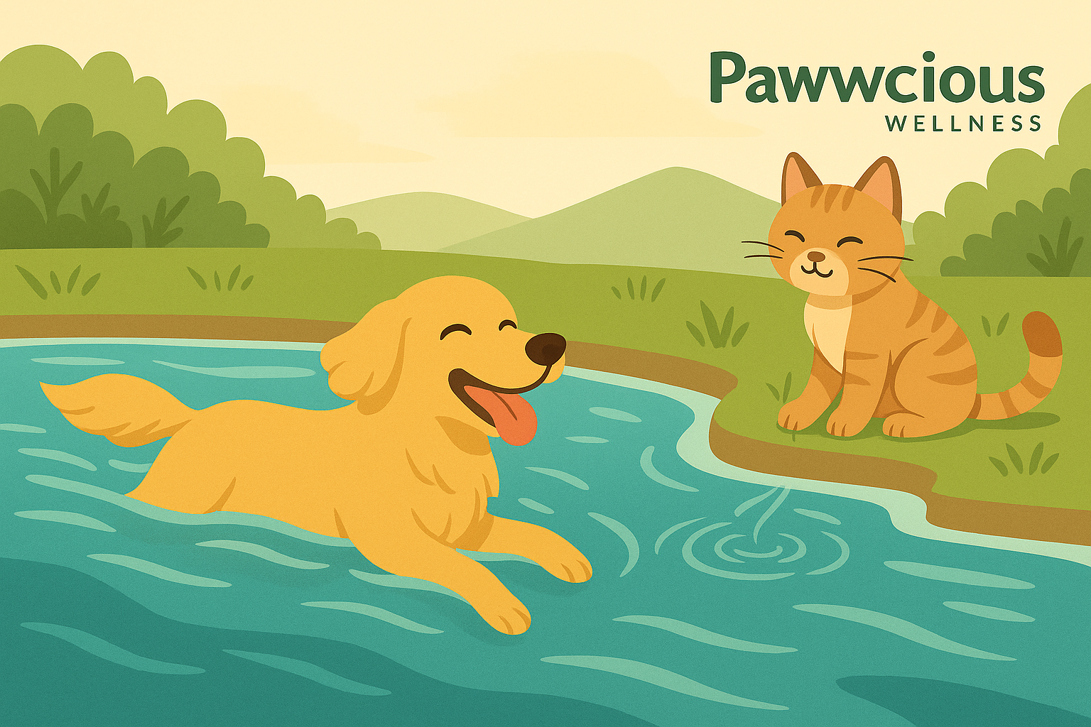 Pet Hydrotherapy – Pawwcious® Wellness blog image showing a dog swimming joyfully and a cat relaxing near gentle water waves