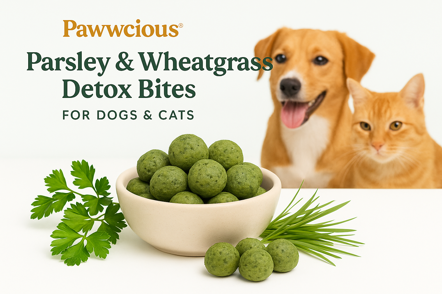 Natural green detox bites made with parsley and wheatgrass — a cleansing, refreshing treat for dogs and cats.
