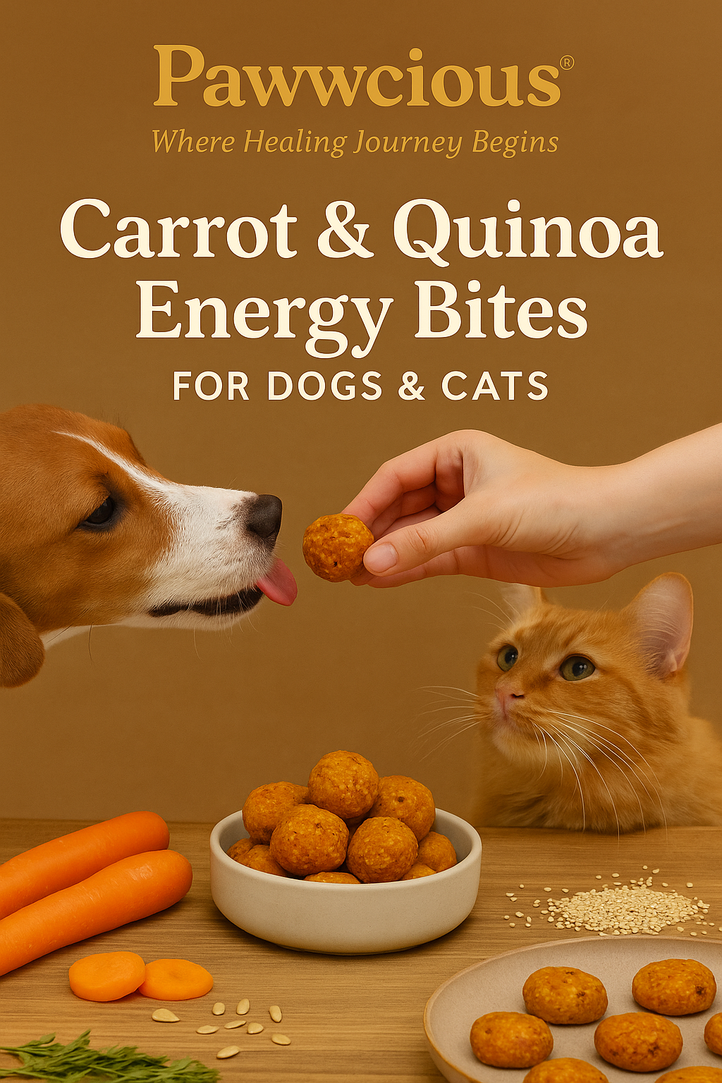 A warm Pawwcious® moment — dog and cat enjoying Carrot & Quinoa Energy Bites made with quinoa, carrot, and oats for a natural energy boost.