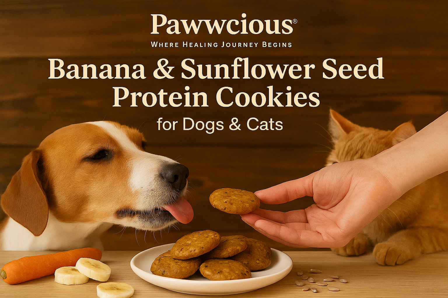 Homemade Pawwcious® protein cookies with banana and sunflower seeds — perfect for healthy coats and happy hearts.