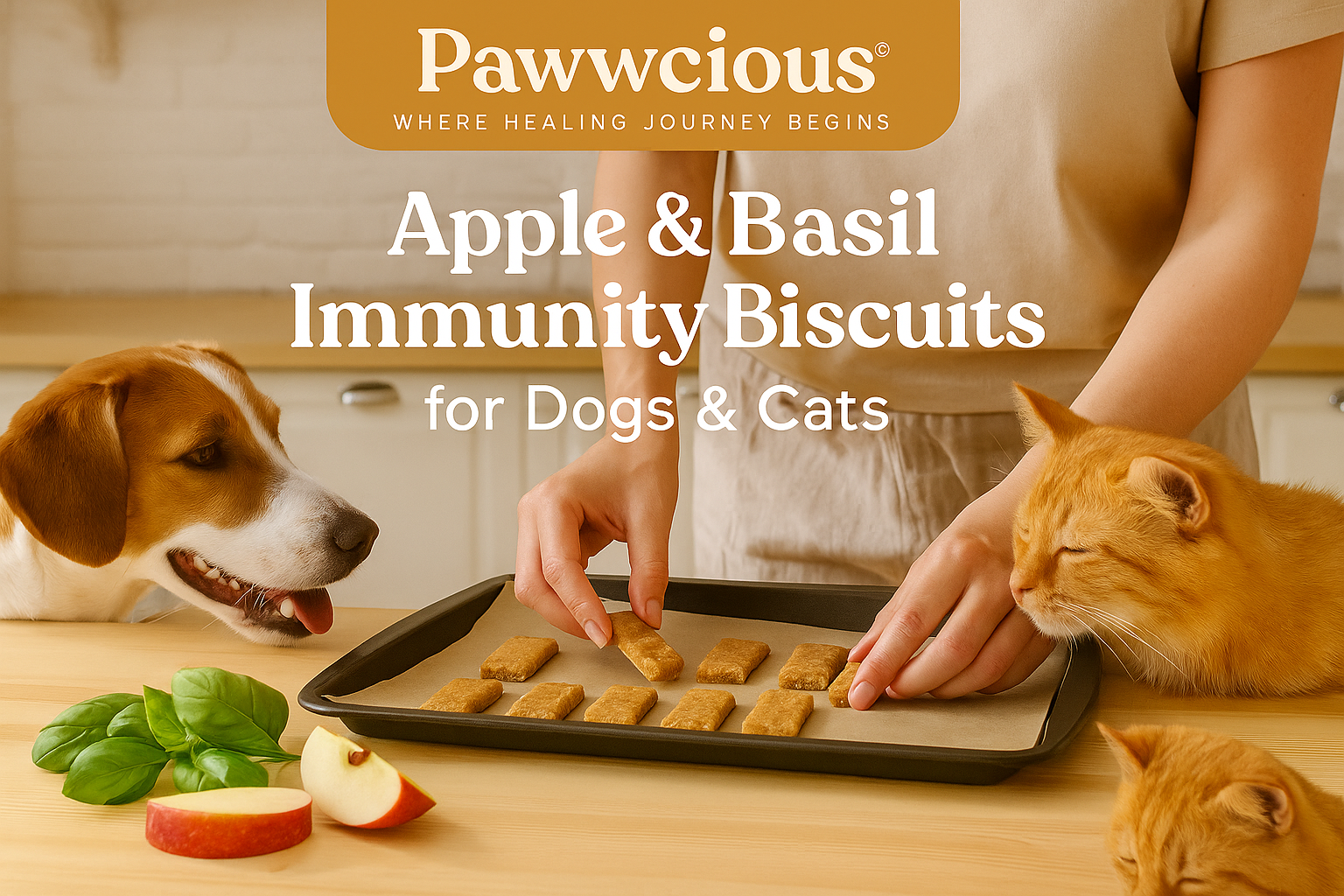 Dog and cat enjoying Apple & Basil Immunity Biscuits | Pawwcious® homemade pet recipe
