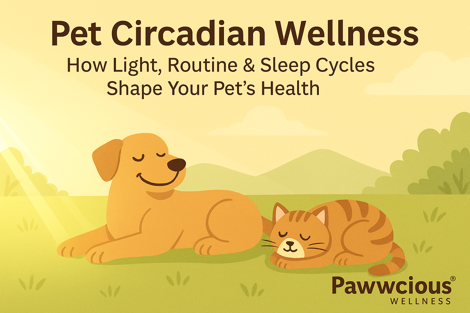 Pet Circadian Wellness – Pawwcious® Wellness blog image showing a relaxed dog and cat resting under soft morning light