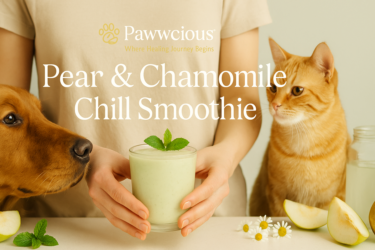 A calming pear and chamomile smoothie to relax, hydrate, and ease your pet into gentle rest — crafted by Pawwcious®.