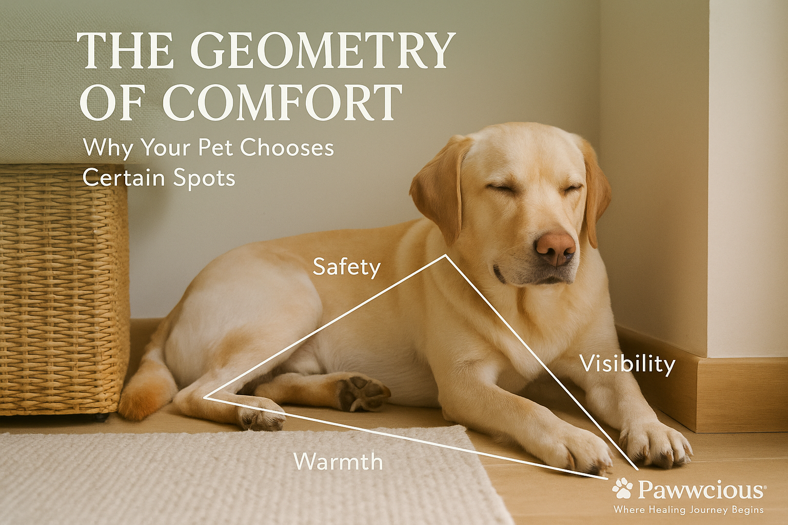 Dog resting in its favorite cozy corner at home, showing how pets choose spots based on comfort, warmth, and safety – Pawwcious®