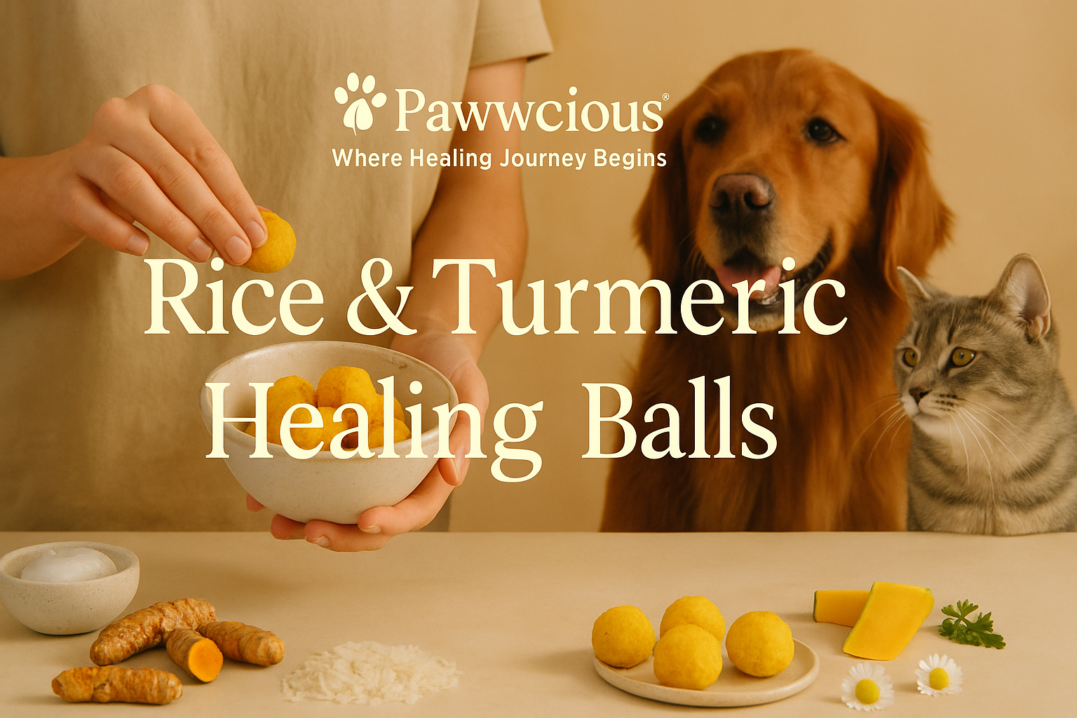 Soft golden healing balls combining rice, turmeric, and coconut oil — crafted by Pawwcious® for joint support and gentle recovery.