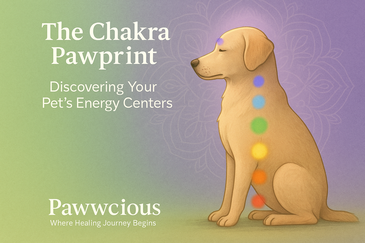 Dog sitting calmly with glowing chakra points in soft colors, symbolizing pet energy balance and emotional wellness – Pawwcious®