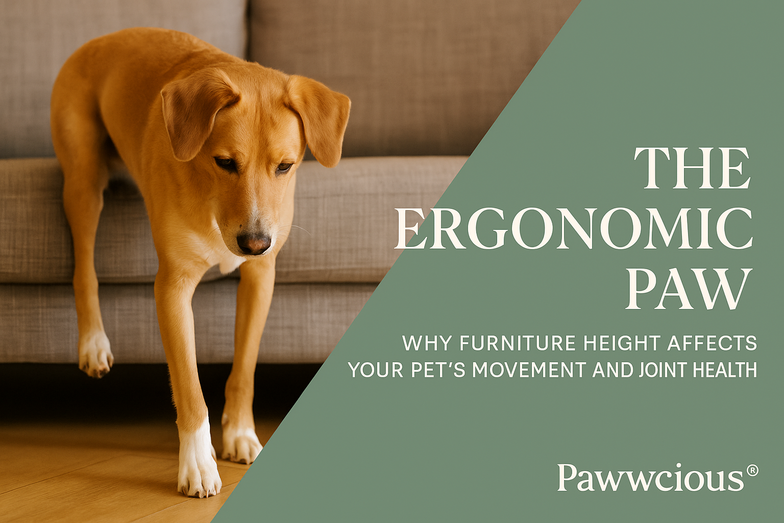 Dog stepping off a sofa, showing how furniture height influences joint pressure and movement – Pawwcious®