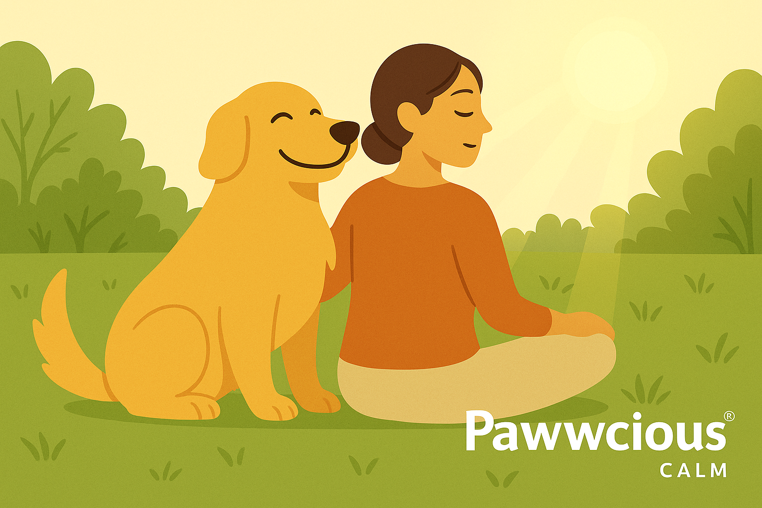 The Art of Stillness – Pawwcious® Wellness blog image showing a pet parent and dog sitting peacefully by sunlight filtering through leaves, symbolizing mindfulness and calm.