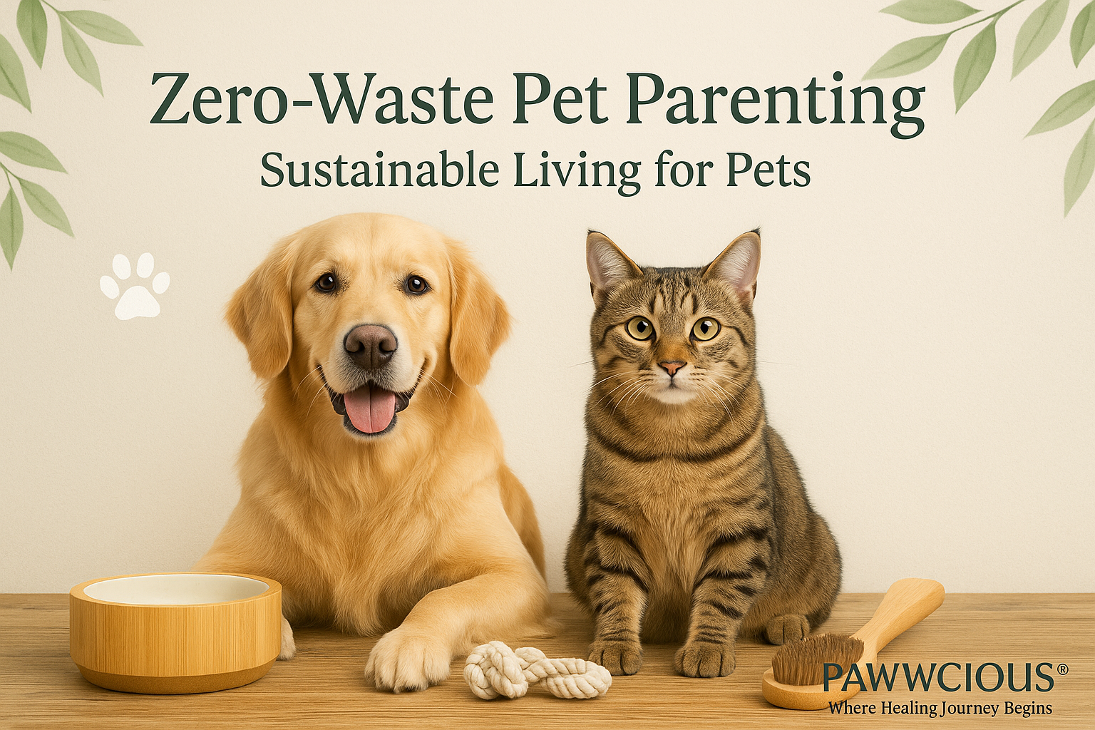 Dog and cat beside bamboo bowls, eco-toys, and brush on wooden table showing zero-waste living – Pawwcious®