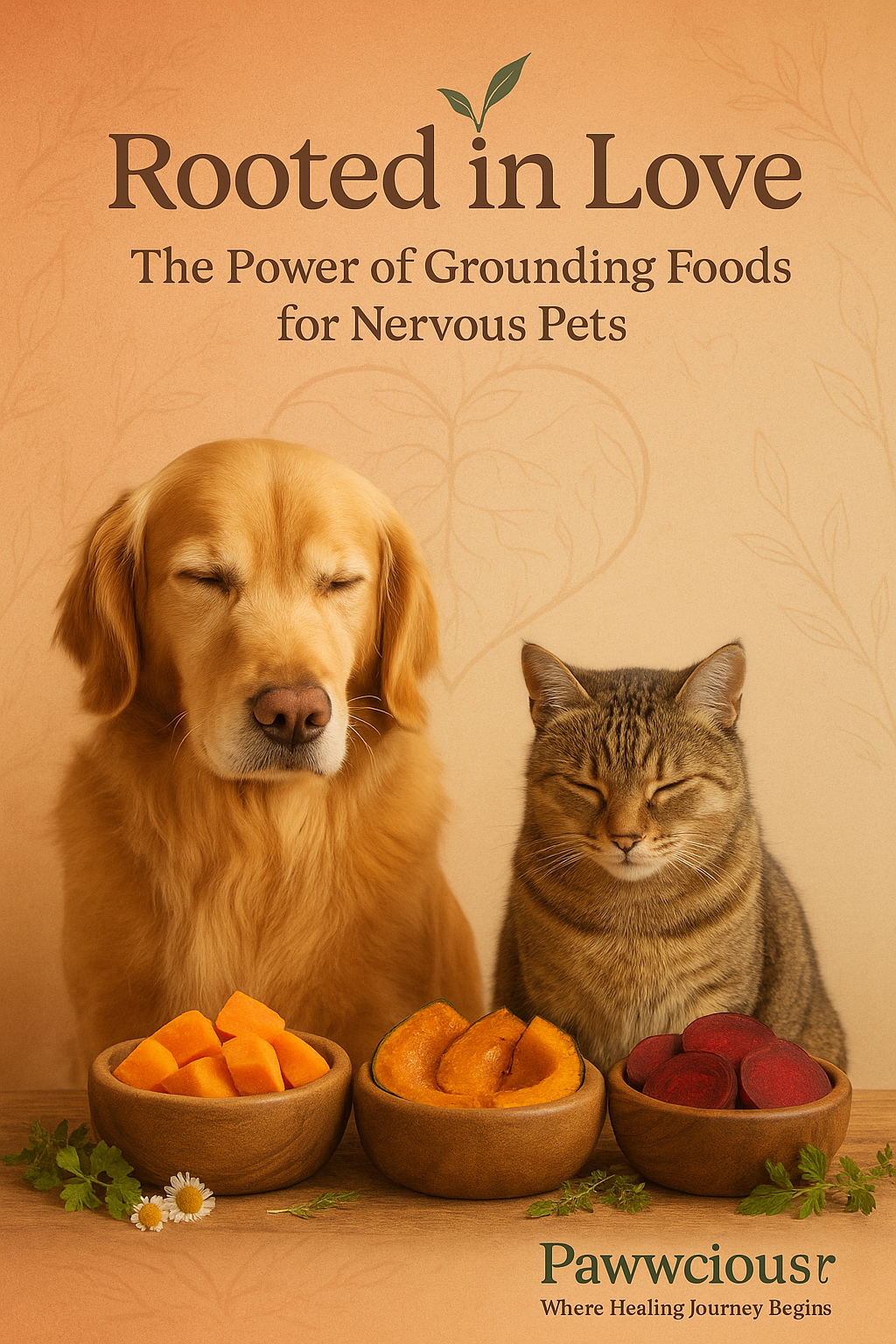 Dog and cat near bowls of sweet potato, pumpkin, and beetroot symbolizing grounding nutrition – Pawwcious®