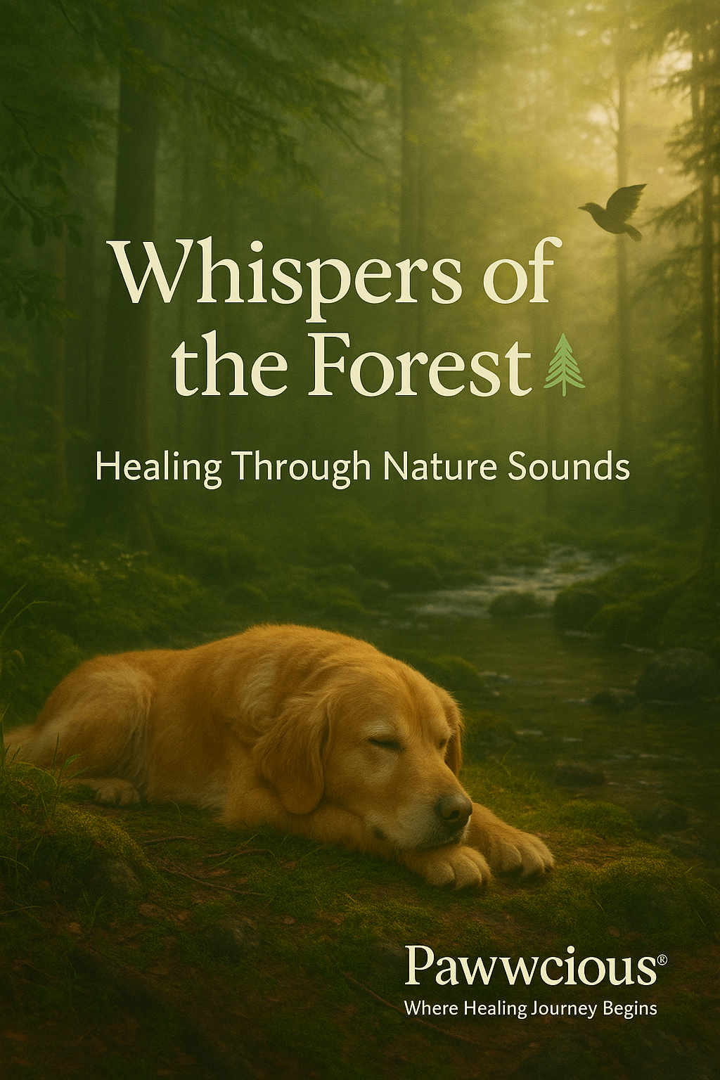 Dog resting peacefully with forest trees and gentle sunlight around, symbolizing nature sound healing – Pawwcious®