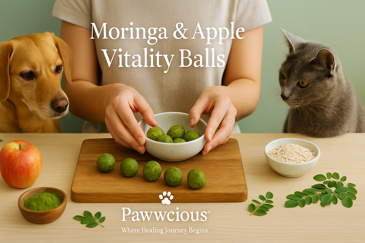 Energizing moringa and apple bites crafted for vitality, strength, and natural glow — a Pawwcious® treat for everyday wellness.