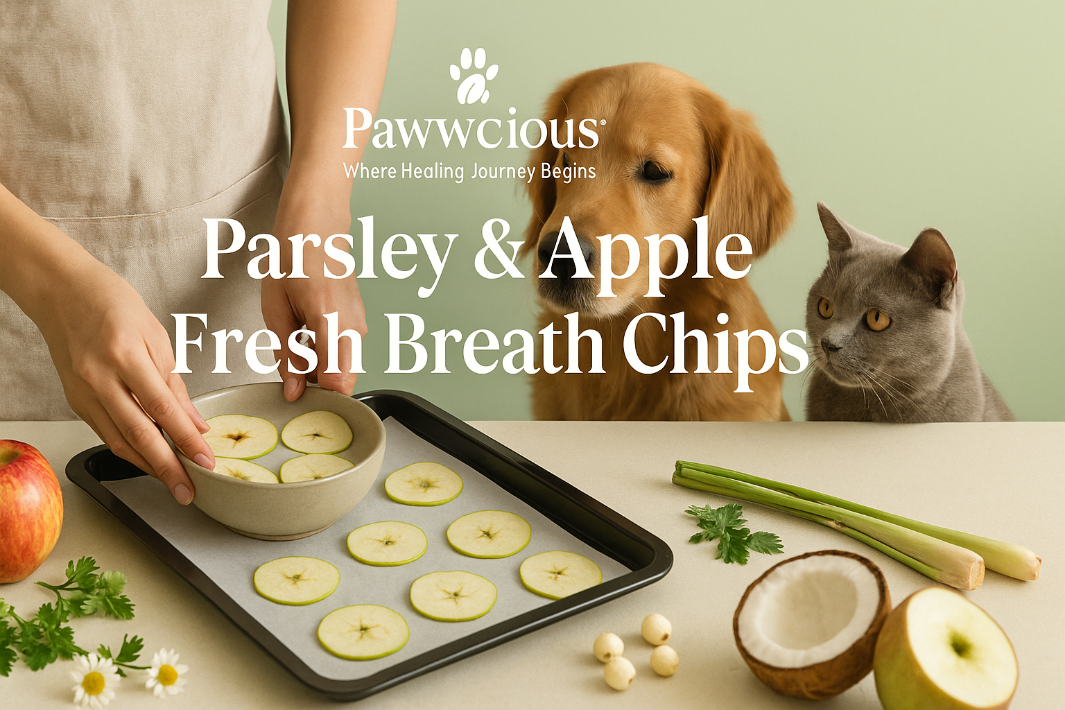 Light and crunchy apple-parsley chips that freshen breath naturally — a Pawwcious® recipe made with love.