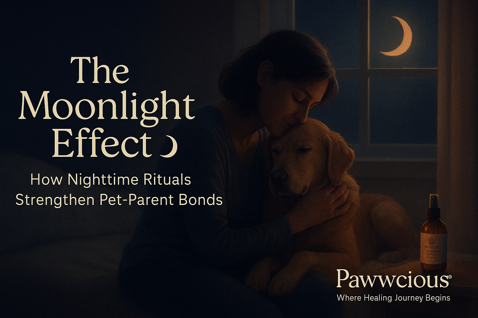 Pet parent cuddling their dog under moonlight near window with Pawwcious® calming kit beside them – peaceful night ritual
