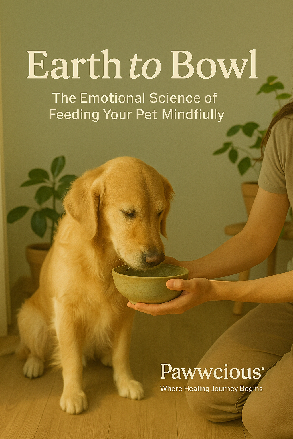 Pet parent feeding dog from a ceramic bowl with calm energy and earthy tones showing mindful feeding – Pawwcious®