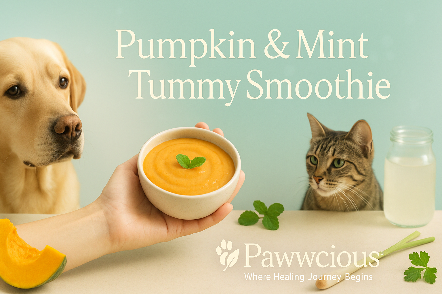 A refreshing pumpkin and mint smoothie that cools the tummy and lifts the spirit — a Pawwcious® favorite for warm days.