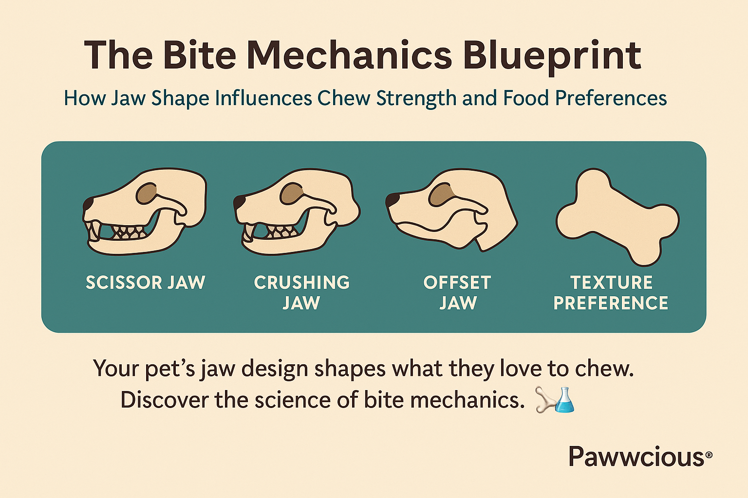 An educational visual showing different jaw structures in pets, illustrating how bite mechanics determine chew strength, food texture preferences, and natural chewing Your pet’s jaw design shapes what they love to chew. Discover the science of bite mechanics. 🦴🔬

