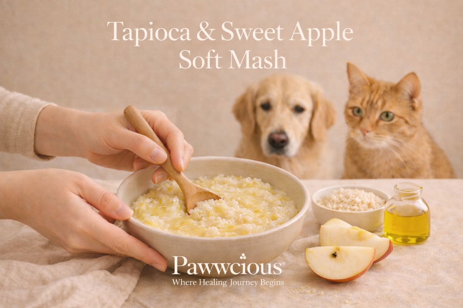 A gentle tapioca and apple soft mash crafted by Pawwcious® to support digestion and comfort in dogs and cats.