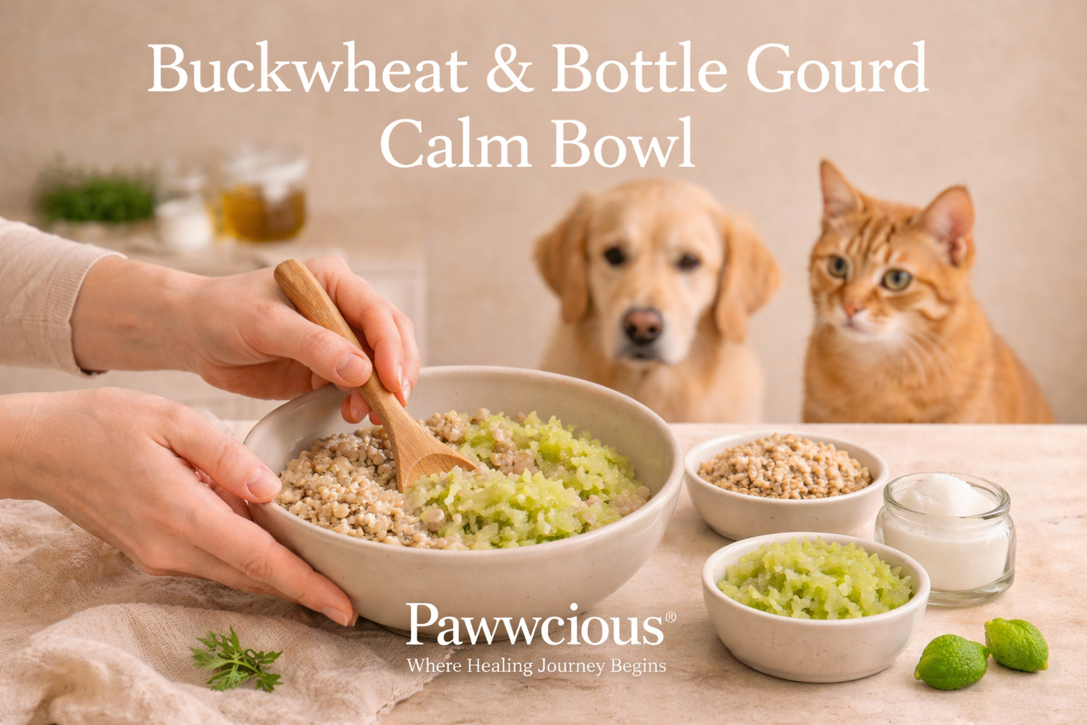 Human mixing buckwheat and bottle gourd calm bowl while dog and cat watch patiently | Pawwcious® recipe
