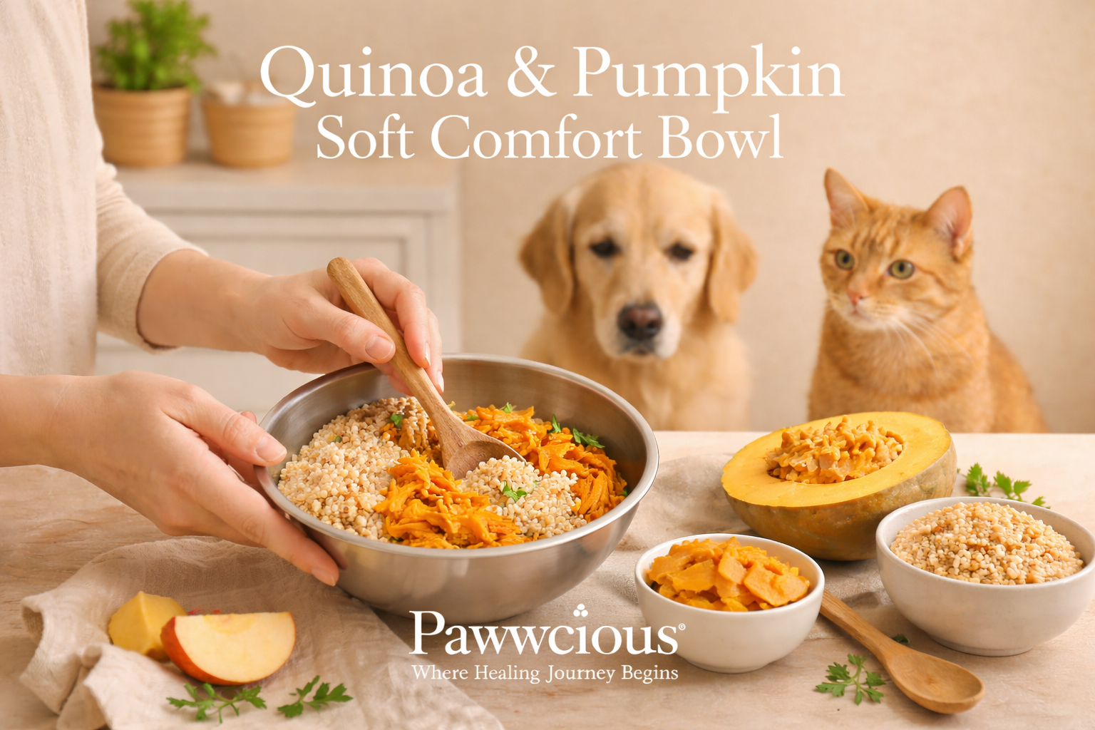 A soft quinoa and pumpkin bowl crafted by Pawwcious® to support gentle digestion in dogs and cats.