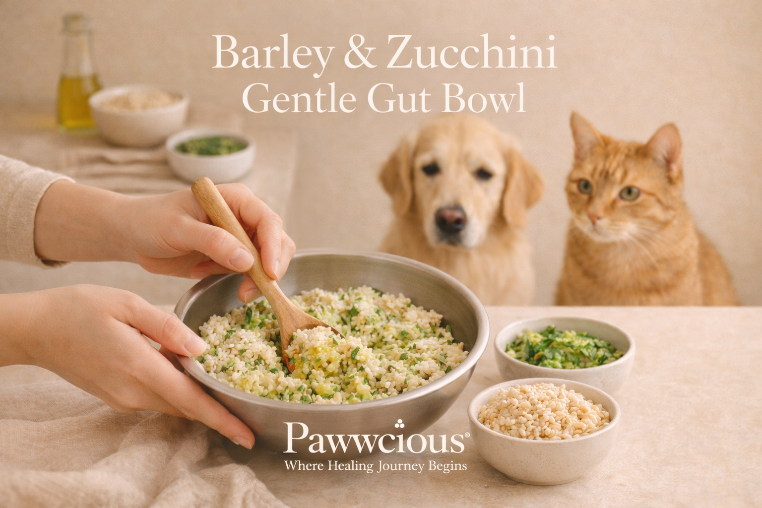 A light barley and zucchini bowl crafted by Pawwcious® to support gentle digestion in dogs and cats.