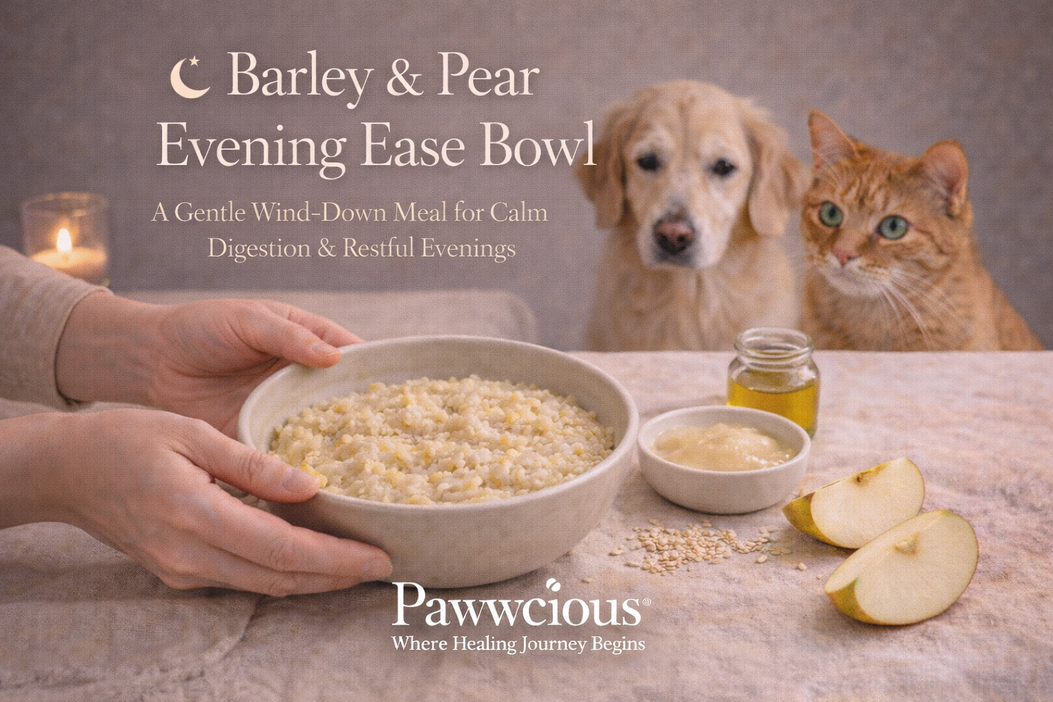 A soft barley and pear bowl crafted by Pawwcious® to support calm digestion and relaxed evenings for pets.