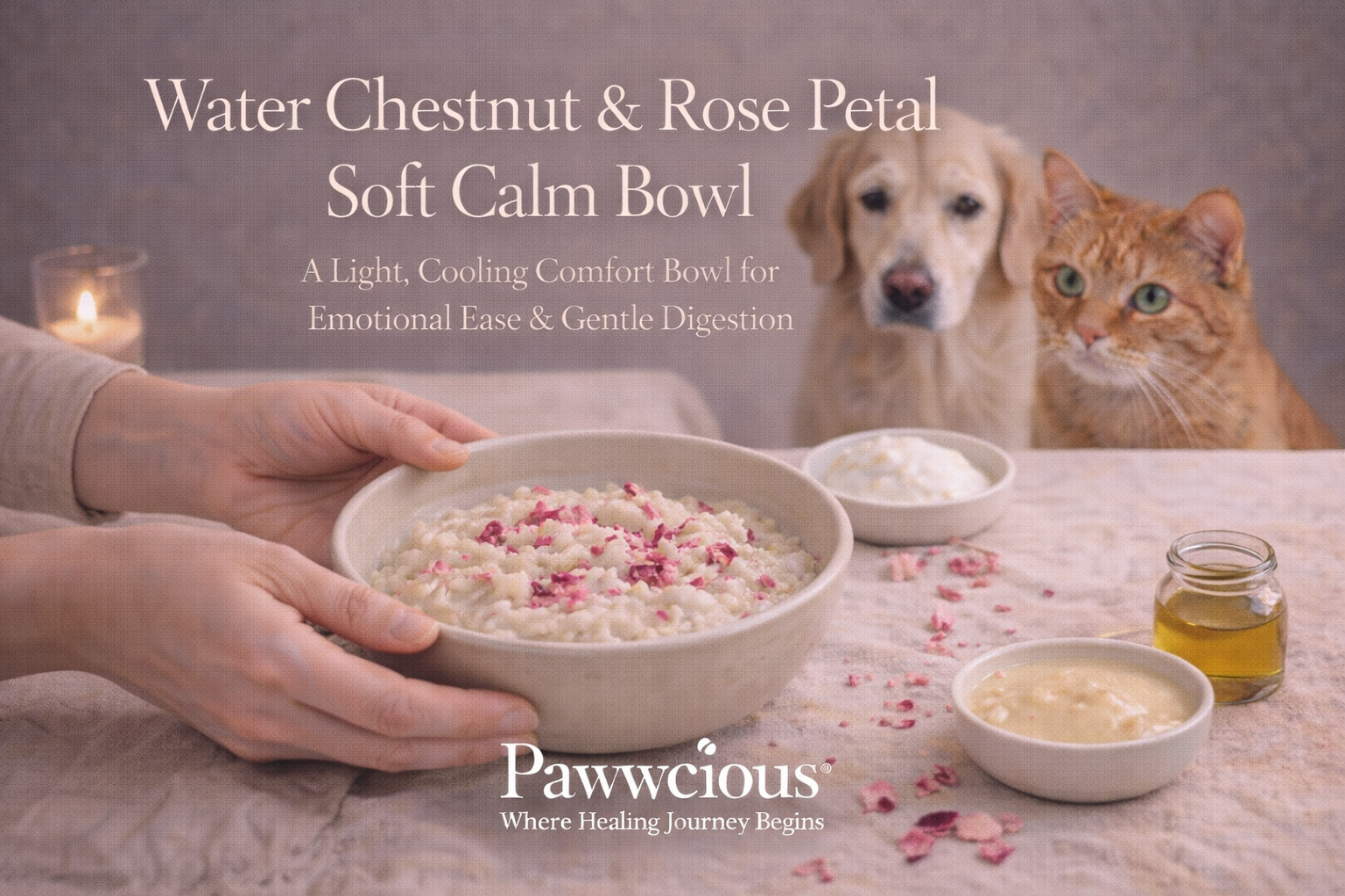 A light water chestnut and rose petal bowl crafted by Pawwcious® to support emotional calm and gentle digestion in pets.