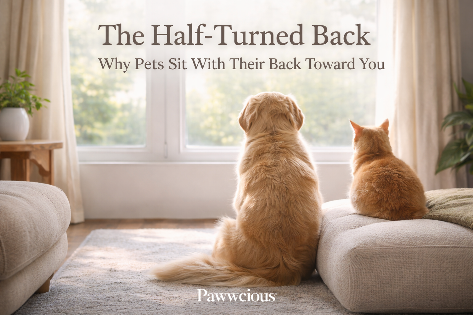 Dog and cat sitting calmly with their backs turned in a quiet indoor space, showing trust and emotional safety — Pawwcious®